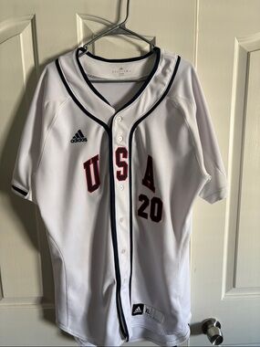 adidas White Baseball Jersey with Navy Trim and Red Accents